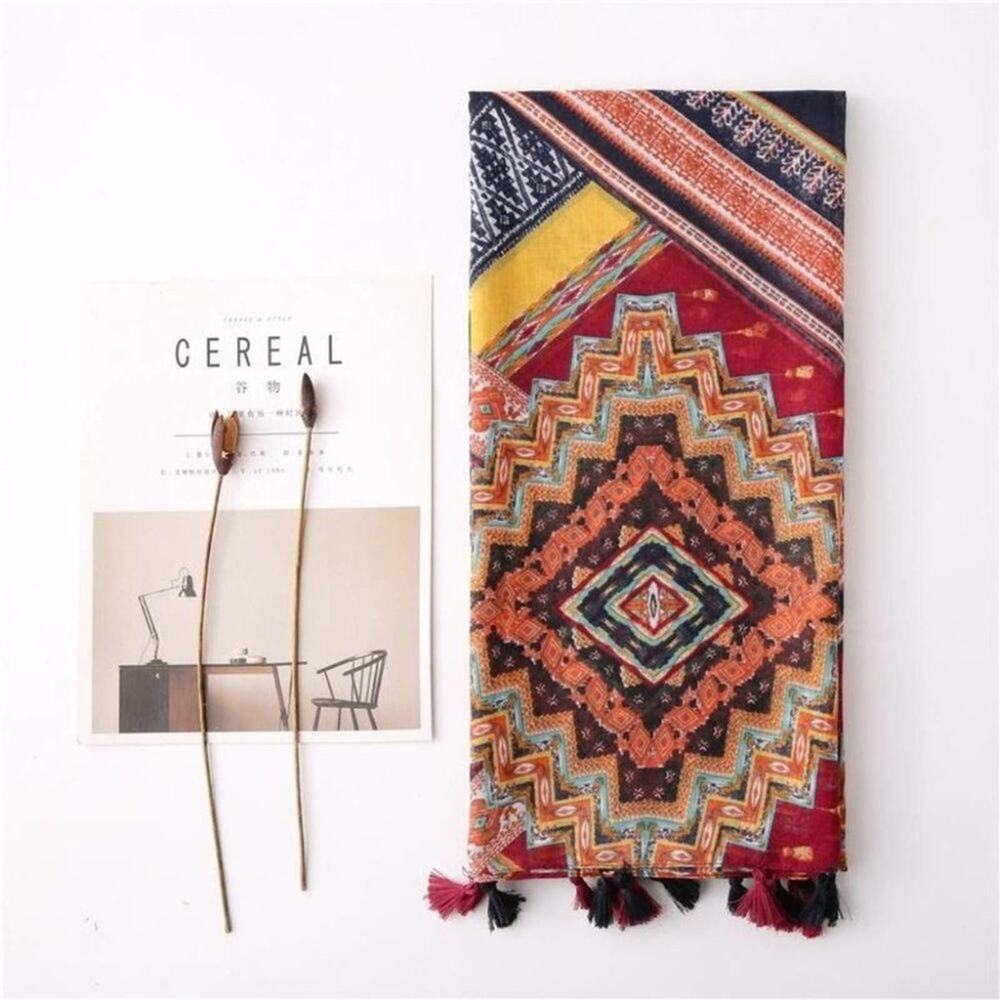 2/$30 NEW Boho Tassel Scarf Fall Red Orange Printed - Picture 8 of 11